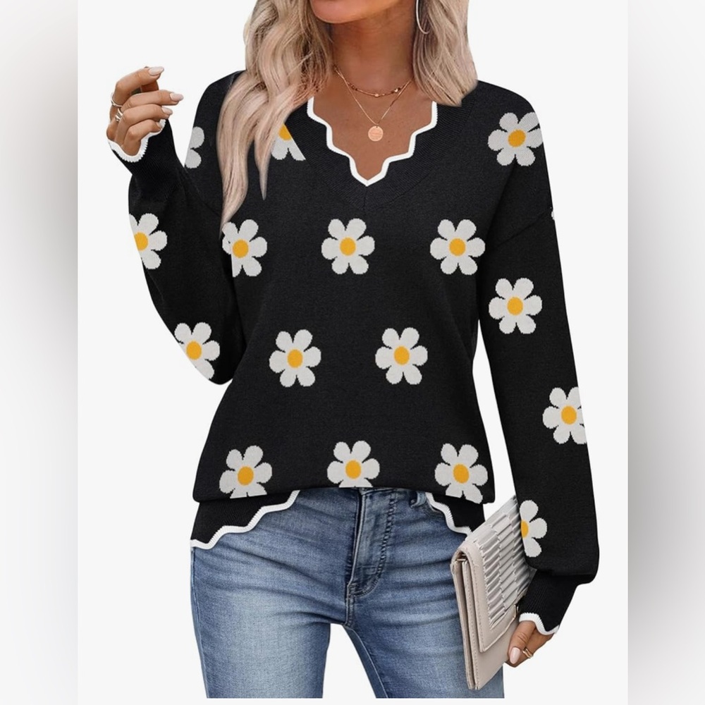 Zeagoo Black Daisy V-Neck Sweater
